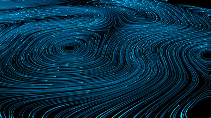 Big data sci-fi abstract background with particles on optical fiber digital network connecting servers. Cyberspace, internet or innovation concept. - obrazy, fototapety, plakaty