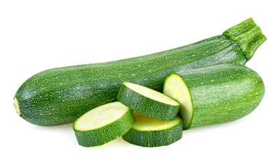 fresh green zucchini with slice isolated on white background