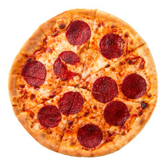 Isolated fresh pepperoni pizza with salami on white background