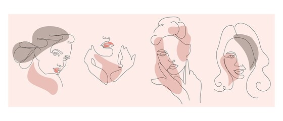 Female linear art portraits set. Logos for beauty salons, abstract vector portraits of women.