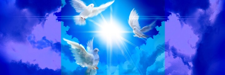 The flying three white doves around clouds stairs leading to shining heaven and the background of the clouds in beautiful blue sky	
