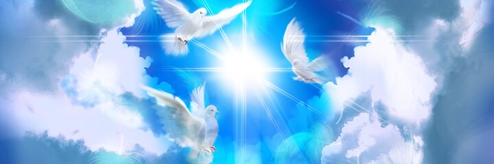 The flying three white doves around clouds stairs leading to shining heaven and the background of the clouds in beautiful blue sky	