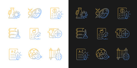 Various school subjects gradient icons set for dark and light mode. Health course in school. Thin line contour symbols bundle. Isolated vector outline illustrations collection on black and white