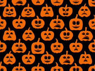 Halloween pumpkins with scary faces on a black background. Evil pumpkins seamless pattern. Jack-o lantern for wrapping paper, banners and advertising materials. Vector illustration