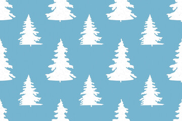 Seamless New Year's and Christmas pattern from two types white Christmas tree (spruce) on blue background