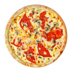 Isolated pizza with mushrooms and tomatoes on white background