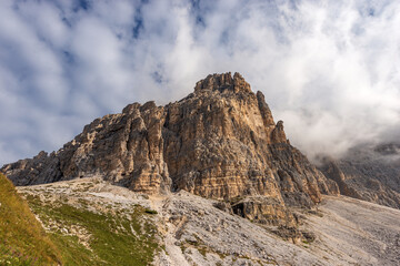 Fototapeta na wymiar South face of three peaks of Lavaredo (Drei Zinnen or Tre Cime di Lavaredo), famous mountain peaks of the Sesto Dolomites, UNESCO world heritage site, Trentino-Alto Adige and Veneto, Italy, Europe.