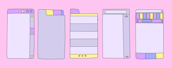 collection of 80s and 90s style social media stories templates software operating system windows. Dialog bar panel.User interface elements, UI and UX. Retrowave stickers Nostalgia psychedelic vibe