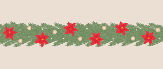 Christmas New Year spruce wreath with poinsettia and garland for decoration, postcard, invitation