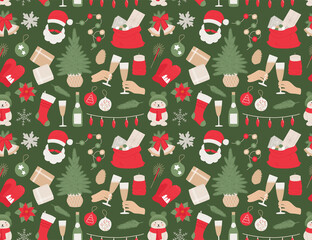 Seamles new year pattern Christmas tree, bells, ball, champagne, gifts, garland for print, textile
