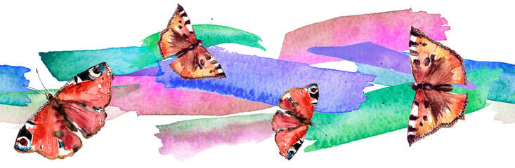 Linear seamless watercolor banner with butterflies.Watercolor multicolored stain. 
abstract splash of paint with a jagged edges.Multicolored butterfly urticaria, Aglais urticae. Border, texture, line