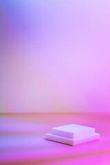 Abstract surreal scene - empty stage with two rectangle white podiums lying on pastel pink neon...