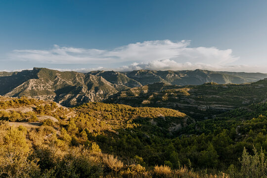 Aerial view of Les Garrigues mountains at early dusk