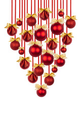 Rich bunch or upside down Christmas tree of shiny red balls with golden bows hanging on ribbons...