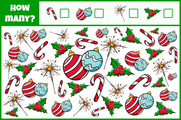 Educational mathematical game. Count the objects. Count how many objects. Counting game for children.