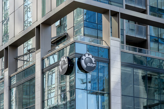 Montreal, QC, Canada - September 4, 2021:  Close up of brp
sign on their office building  in Montreal, QC, Canada. BRP is a Canadian manufacturer of snowmobiles. 
