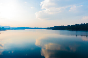 A large body of water reflecting the sky.