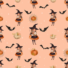 Cute Halloween holiday seamless, tileable pattern with witches, pumpkins and bats