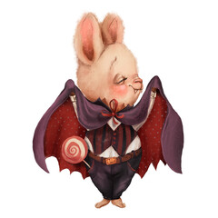Cute Halloween bunny in vampire costume with lollipop