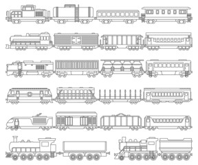 Locomotive with wagon isolated outline set icon. Vector outline set icon railway train. Vector illustration locomotive on white background. - obrazy, fototapety, plakaty