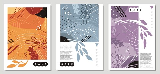 Floral covers and banners collection with autumn and winter abstract landscapes. Placard, notebook, flyer, poster, promo card or annual report design template. Backdrop vector illustration with leaves