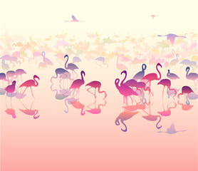 Vector natural background with flamingos. Pink tones 