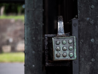 Fototapeta na wymiar 木目と鉄の鋲が美しい江戸城の城門