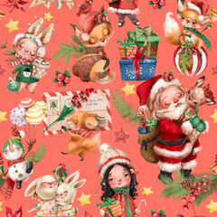 Cute Christmas seamless pattern with Santa Claus, fox, bunnies, girl, gifts