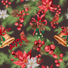 Cute Christmas seamless pattern with bells, tree branches and berries