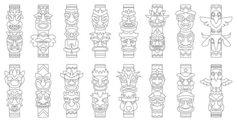 Totem vector outline set icon. Vector illustration set tribal mask. Isolated outline icon traditional totem on white background .