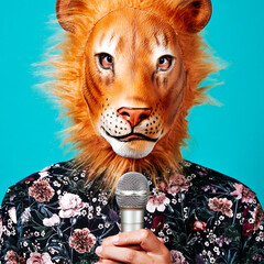 man with a lion mask holding a microphone