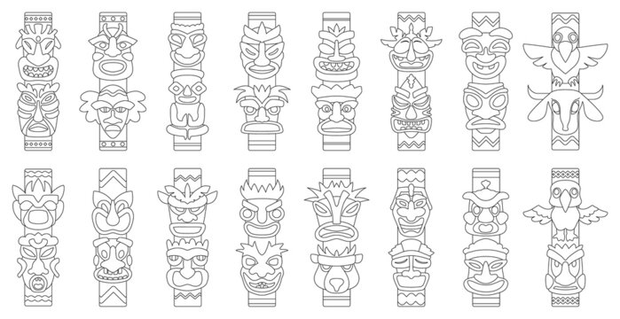 Totem vector outline set icon. Vector illustration set tribal mask. Isolated outline icon traditional totem on white background .