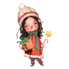 Cute little girl in a winter jacket and hat with a candy, star and gift