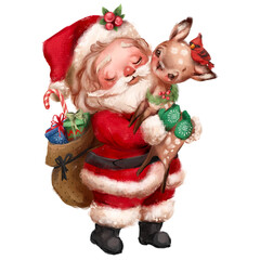 Cute Santa Claus with a little deer and bag with gifts