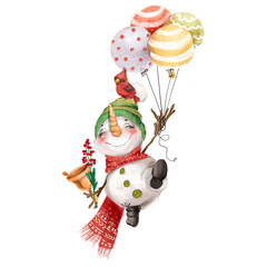 Cute flying snowman with balloons and Christmas bell in a scarf - 459695630