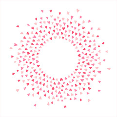 Round frame made of hand drawn scattering tiny cute hearts. Radial splash, splatter, confetti background, decoration. Circle, ring shape. Valentines day, wedding card template, graphic design element.