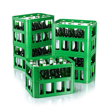 Beer bottles in plastic transport boxes 3D