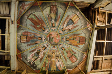 July, 2021 - Zherebtsova Mountain. Icon in the temple. Painted ceiling in the temple. Russia, Arkhangelsk region 