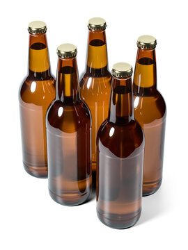 Filled brown beer bottles isolated on white background 3D