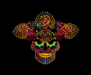 Mexican skull with sombrero, Day of the dead colorful dots vector	
