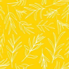White Vector Leaves Seamless Pattern. Random Placed Plants All Over Print on Sage Green Background