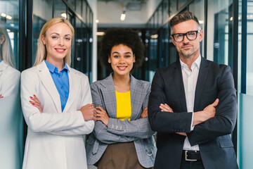 Multi-ethnic male and female business professionals standing with arms crossed in office