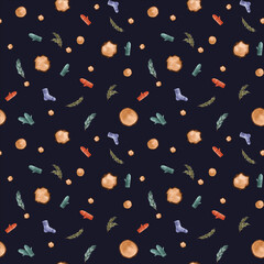 Seamless winter pattern with fir-tree branches, woodcut rings, knitted socks, and mittens on black background. Endless botanical background for wrapping paper, scrapbooking, gift wrapping, textile