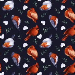Seamless winter pattern with birds, heart-shaped snowball, mistletoe branches on black background. The endless backdrop for holiday decoration, gift wrapping, wallpaper, scrapbooking, textile