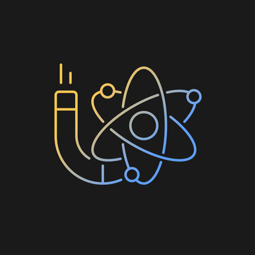 Physics gradient vector icon for dark theme. Image of atom, electrons, protons, neutrons. Stydying of energy, force. Thin line color symbol. Modern style pictogram. Vector isolated outline drawing