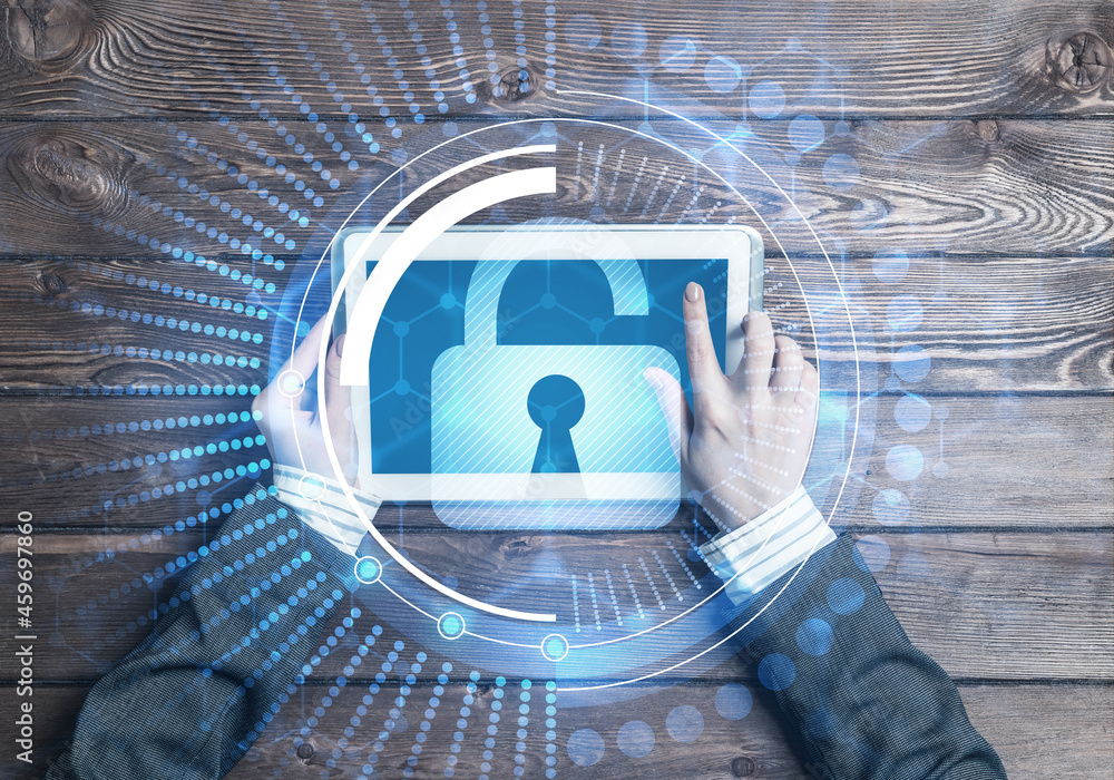 Poster concept of computer access with media lock icon on tablet screen