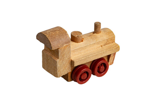 Toy train made of wood on white isolated