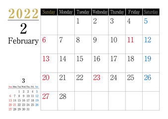 2022年　シンプルカレンダーモノトーン　2月