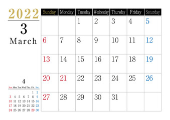 2022年　シンプルカレンダーモノトーン　3月