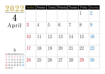2022年　シンプルカレンダーモノトーン　4月